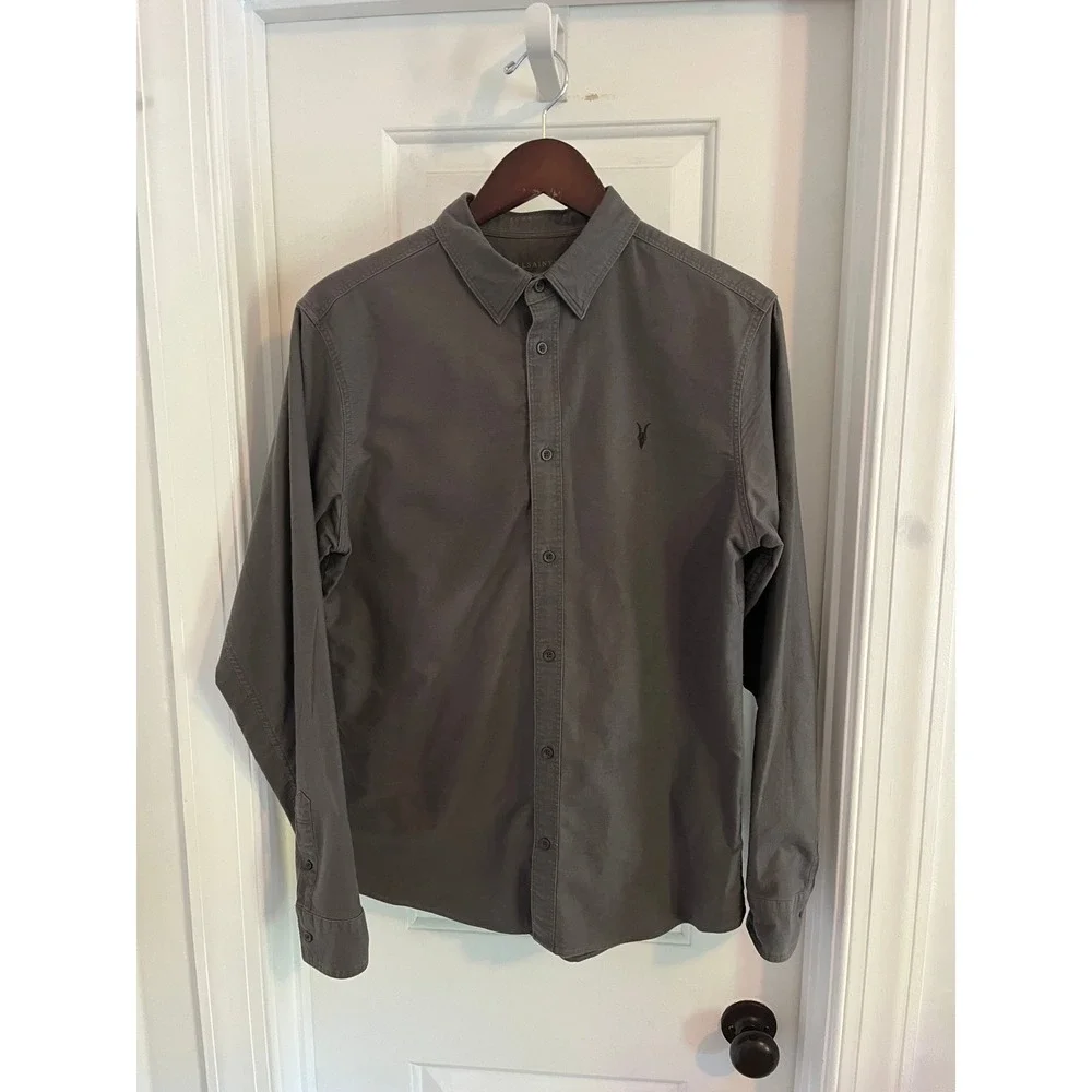 AllSaints‎ Huntington LS Shirt Charcoal Grey Ramskull